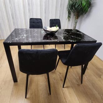 Kosy Koala Dining Table and 4 Chairs Black Marble Effect Glass 4 Velvet Black Chairs Dining Room Furniture
