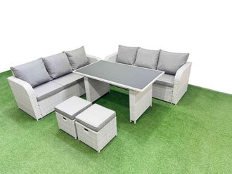 Fimous 8 Seater Rattan Outdoor Dining Table Set with 2 Small Stools in Light Grey
