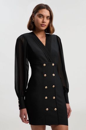 Karen Millen Womens Petite Figure Form Woven Mix Military Button Blazer Knit Mini Dress - Black - Size X-Small