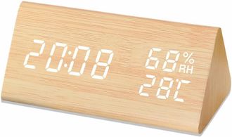 OEM Reloj Despertador Digital De Madera Con Led Electr&oacute;nico, Fecha Y Hora, Detecci&oacute;n De Temperatura Y Humedad, 3 Ajustes De Alarma Y 3 Niveles De Brillo P