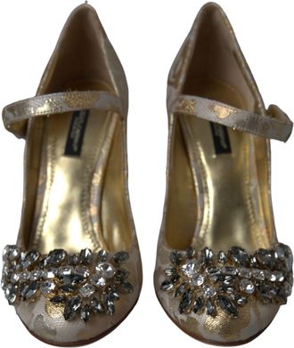 Dolce & Gabbana Gold Jacquard Crystal Mary Janes Pumps Womens Shoes