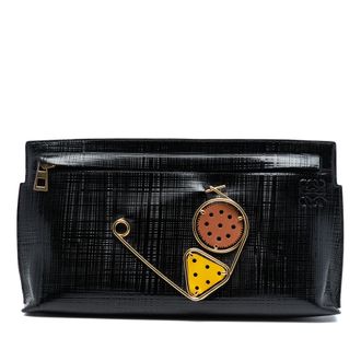 Loewe Pre-owned Womens Linen Embossed Patent Anagram Mechano Pin T Pouch - Black Leather - One Size