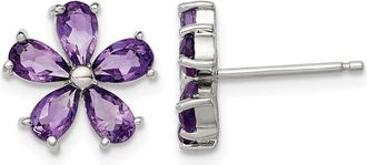 Diamond2Deal Sterling Silver Rhodium Plated Amethyst Floral Stud Earrings