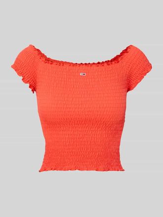Tommy Jeans Slim Fit Crop Top mit gesmokten Eins&auml;tzen in Koralle, Gr&ouml;&szlig;e XL