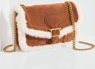 Talbots Faux Shearling Trim Suede Crossbody Bag - Cognac - 001 Talbots