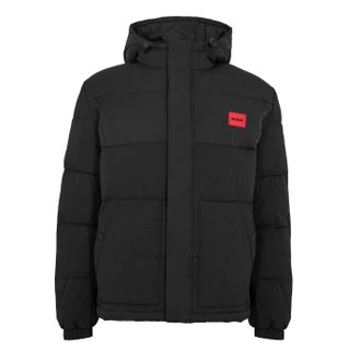 HUGO BOSS Hugo Mens Solid Patterned Hooded Snap Button Ribbed Cuff Puffer Jacket in Black - Size Large
