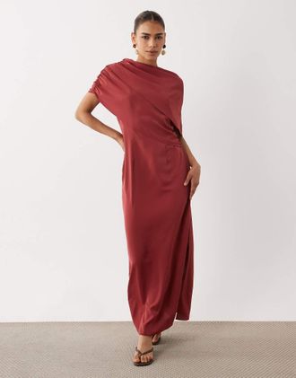 Asos Vestito midi sinuoso arancione bruciato con spalle scivolate