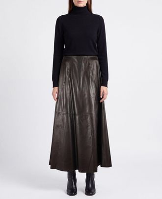 Arma Flared Midi Skirt in Smooth Lambskin Leather with High Waist and Back Zip