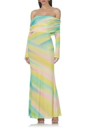 AFRM Thelma Print Off the Shoulder Long Sleeve Mesh Maxi Dress in Rainbow Stripe at Nordstrom Rack, Size Medium