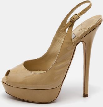 Jimmy Choo London Beige Patent Leather Vita Peep Toe Platform Slingback Sandals