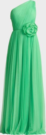 Zac Posen One-Shoulder Pleated Tulle Gown