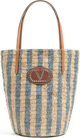 Valentino Garavani Natural/Blue VLogo Signature Large Tote