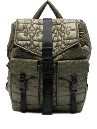 Ganni quilted flap-pocket backpack - Groen