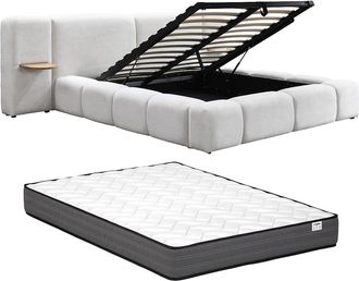 Vente-Unique Canap&eacute; abatible con mesitas de noche 160 x 200cm - Tela boucl&eacute; - Beige + Colch&oacute;n - VILACO