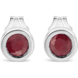 House of Brilliance Silver Bezel Set 3.5mm Created Gemstone Solitaire Stud Earrings in Red Garnet at Nordstrom
