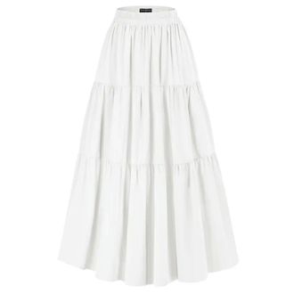 Generic Women Tiered Skirt Elastic High Waist Swing Skirt Vintage Lady Irregular Hem Flouncing Long Skirts-Ivory-L