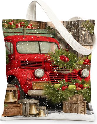 Generic Christmas Red Truck Canvas Tote Bags, Holiday Design Reusable Grocery Bags, Winter Vintage Lightweight Washable Shoulder Strap Canvas 13x15 Inch