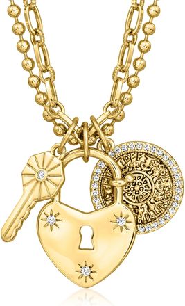 Ross-Simons 14kt Yellow Gold-Plated Key, Heart Lock and Coin Charm Necklace With Czs
