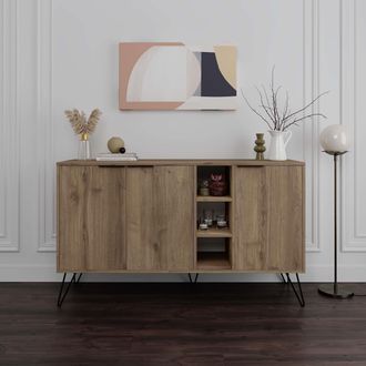 Decortie 3-Doors Sideboard Clara with Metal Hairpin Legs 142cm in Dark Brown | Size: 2 Pack