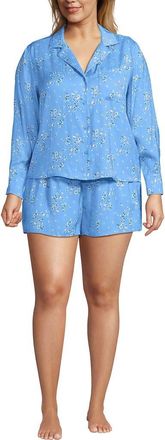 Lands End Plus Size Matte Satin 2 Piece Pajama Set - Long Sleeve Top and Shorts in Bermuda Blue Snow Drop Floral at Nordstrom, Size 2X