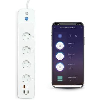 Garza Smart - Regleta Wifi Inteligente Con Interruptor, 4 Tomas, 2 Usbs Tipo A, Usb C Y Usb 3.0 Carga R&aacute;pida Pd20w/qc3.0, Wifi 2.4ghz, Programable, Medidor 