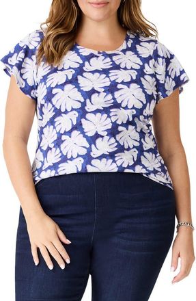Nic+Zoe Shadow Palm Flutter Sleeve T-Shirt in Blue Multi at Nordstrom, Size 1X