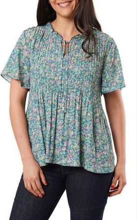Sunny Leigh Ruffle Pleated Tie Neck Short Sleeve Top in Juniper at Nordstrom Rack, Size X-Large