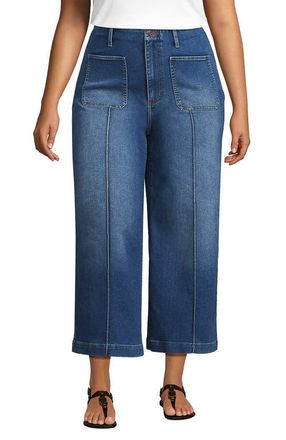 Lands End Plus Size Recover Denim High Rise Patch Pocket Extra Wide Leg Crop Jeans in Indigo Tide Blue at Nordstrom, Size 18W