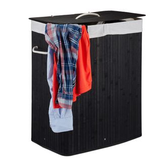 Relaxdays 3 Cestos Ropa Sucia Con Tapa Y 2 Compartimentos, Cubo Colada Plegable, Canasta, Bamb&uacute;, 95 L, Negro