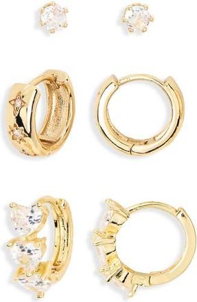 Nordstrom Rack Set of 3 Cubic Zirconia Stud, Star & Heart Huggie Hoop Earrings in Clear- Gold at Nordstrom Rack