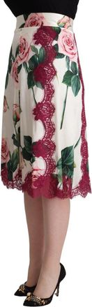 Dolce & Gabbana Womens White Rose Print High Waist Midi A-Line Skirt Silk Cotton Nylon Elastane