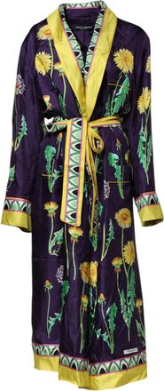 Dolce & Gabbana Womens Blue Floral Print Silk Long Sleeves Wrap Robe Clothing