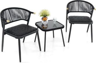 Costway Set di 3 Mobili da Giardino in Rattan, Sedie Imbottite in Schiuma ad Asciugatura Rapida con Tavolino in Vetro Temperato, Sedile in Vimini e Schienale