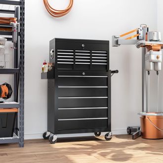 HOMCOM Rolling Tool Cabinet on Wheels with 14 Drawers, Pegboard & Side Rack, Lockable Top Tool Chest & Roller Cabinet Combo for Workshop & Hom