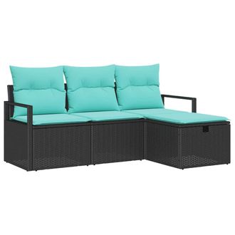 vidaXL Juego De Sof&aacute; Con Coj&iacute;n 4 Pcs Negro Y Turquesa Rat&aacute;n Sint&eacute;tico Vidaxl