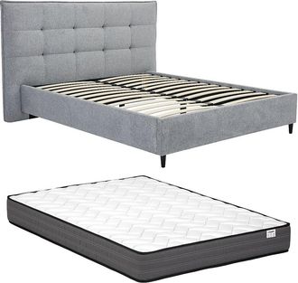Vente-Unique Cama 180 x 200 cm con cabecero capiton&eacute; - Tela - Gris + Colch&oacute;n - NIRPIO