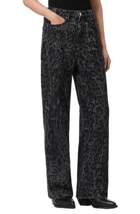 AllSaints Blake Leopard Print Wide Leg Jeans in Leppo Black at Nordstrom, Size 32
