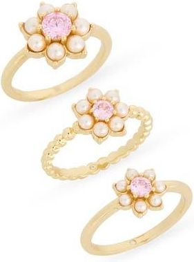 Covet Set of 3 Faux Pearl & Cubic Zirconia Flower Rings in Blush Multi /Gold at Nordstrom Rack, Size 9