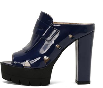 Generic Womens Patent Leather Platform Lug Sole Mules Chunky Block Heel Peep Toe Slip On High Heel Sandals for Festival Street Style & Urban Wear,Blue,7 UK