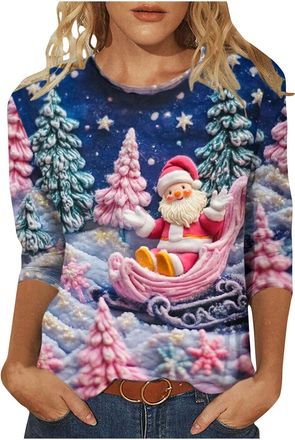 Generic Christmas Jumpers for Women UK Plus Size Glitter Xmas Tree Snowflakes Star Print 3/4 Sleeve Tops Casual Crewneck Pullover Blouse Womens Dressy Tunic T