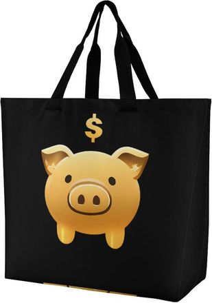 Generic Golden Piggy Banker Large Reusable Shopping Bag Lightweight Foldable Tote Bags Washable Shoulder Handbag