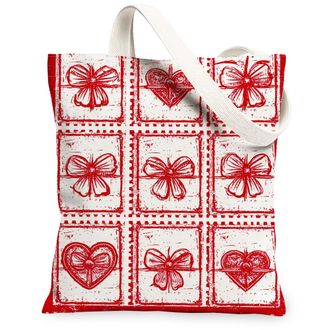 Generic Christmas Gift Canvas Tote Bags, Bow Pattern Reusable Grocery Bags, Holiday Vintage Lightweight Washable Shoulder Strap Can, Red, 13x15 Inch