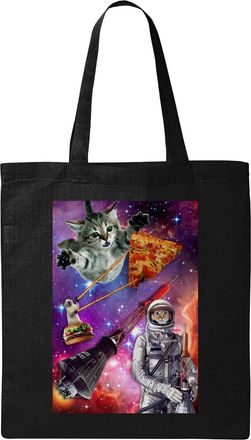 Generic Cosmic Cats Pizza Burger Astronaut Cat Natural Ecological Cotton Tote Bag Black