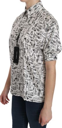Dolce & Gabbana White Musical Instrument Collared Blouse Womens Shirt