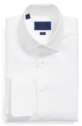 David Donahue Trim Fit Micro Birds Eye French Cuff Dress Shirt in White at Nordstrom Rack, Size 16 - 36/37