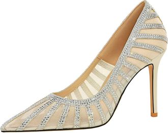 Generic High Heels for Women Diamante Stiletto Heel 9.5CM Glimpses Sexy Mesh Pointed Toe Wedding Shoes for Bride Prom Party-Numeric_5_Point_5 Beige