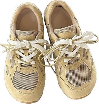 Generic Women Genuine Leather Double lace Shoes with mesh mesh Casual and Versatile Thick Sole Breathable and Non Slip Sports Shoes (Yellow,4.5)