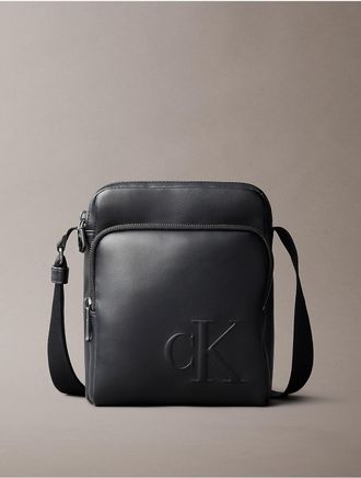 Calvin Klein Mens Embossed Monogram Zip Pocket Reporter Bag - Black
