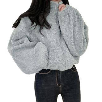 Generic Womens Fleece Jackets Ladies Oversized Fluffy Teddy Jacket Full Zip Winter Warm Soft Fuzzy Coat Stand Collar Sweatshirt Long Sleeve Hooded Jumper Cozy