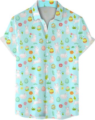 Generic HUIFUAO Easter Shirt Men Eggs Bunny Rabbit Pocket Hawaiian Top Casual Button Down Short Sleeve Easter Shirts for Men (A01 Mint Green, XXL)